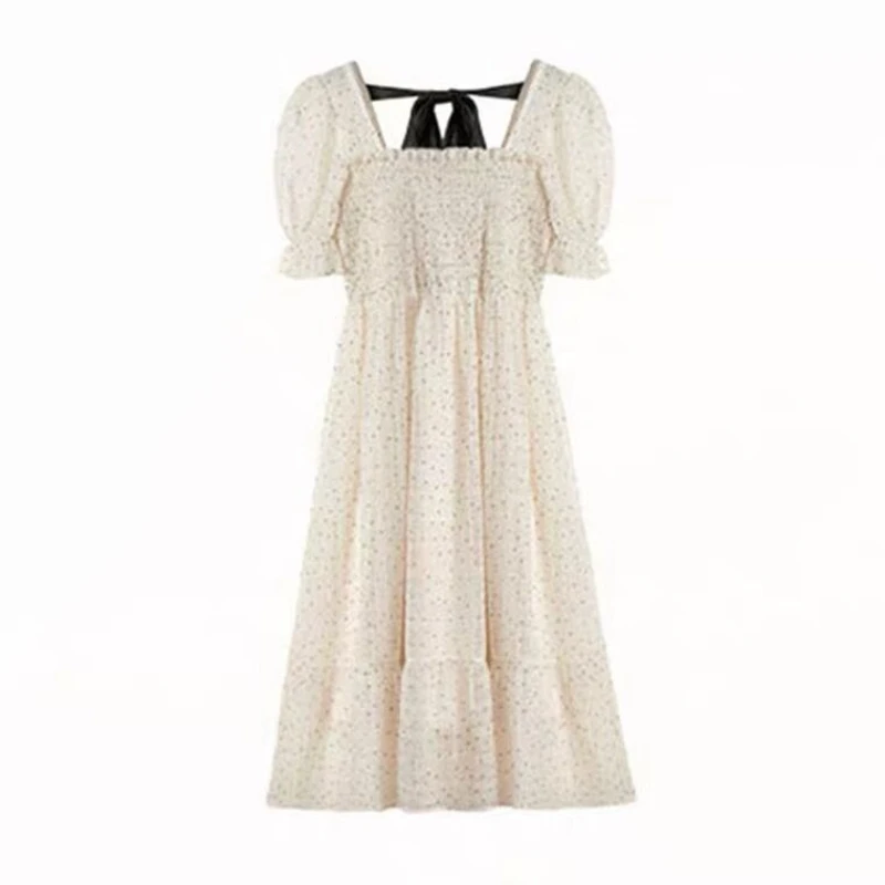 Элегантное шифоновое платье в горошек с цветочным рисунком коротким рукавом