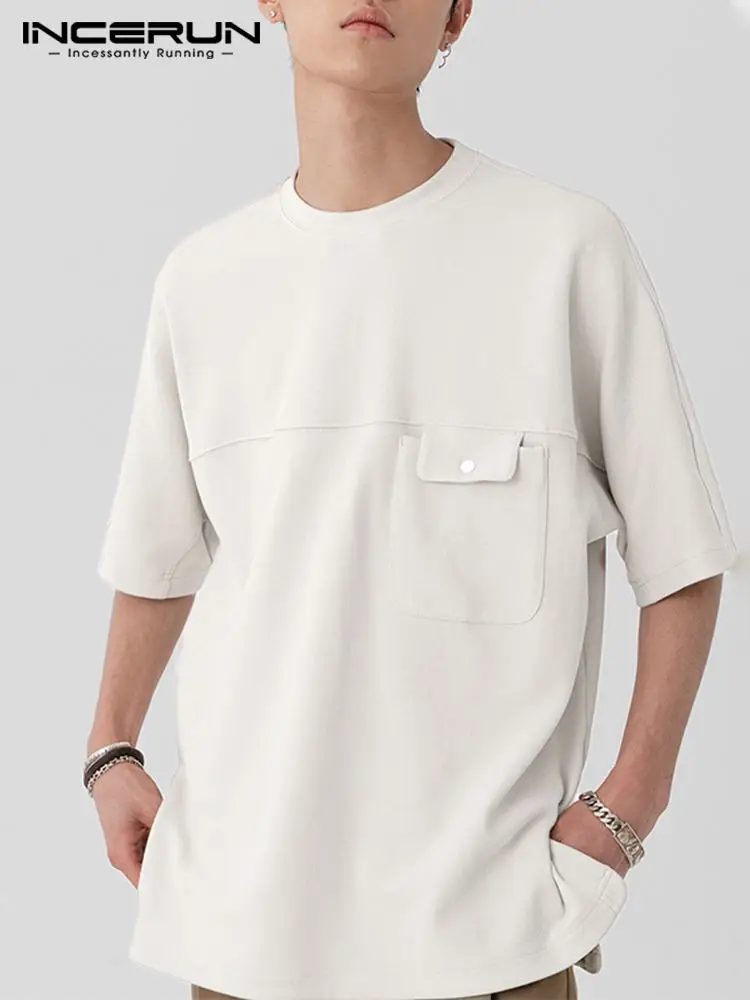 

INCERUN Men T Shirt Solid O-neck Short Sleeve 2022 Pockets Streetwear Casual Men Clothing Summer Korean Leisure Tee Tops S-5XL