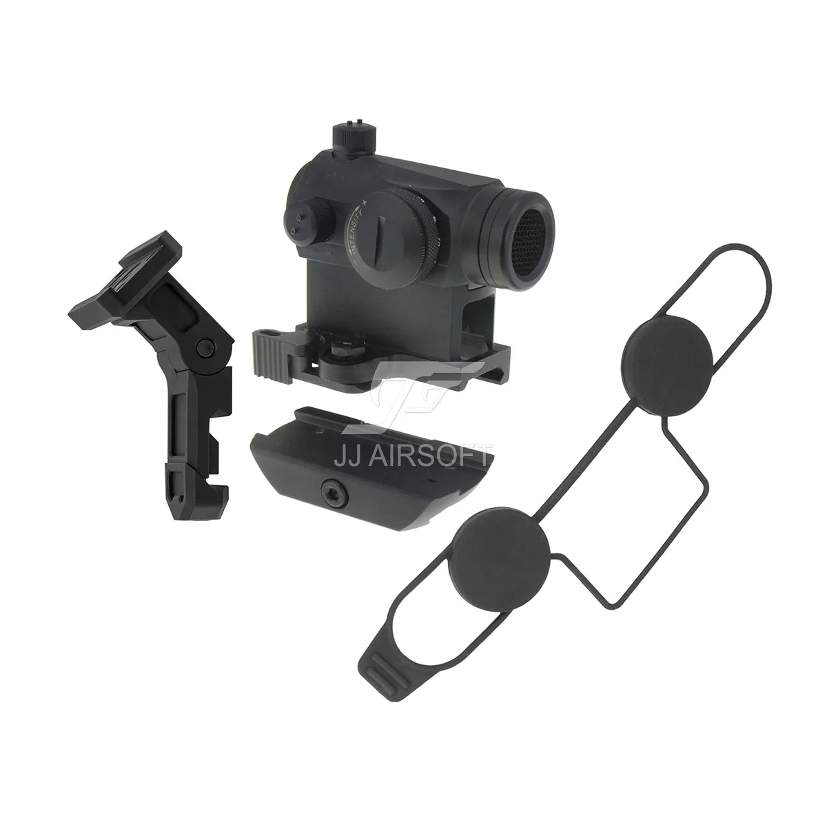 JJ Airsoft 1x24 Red Dot with Killflash / Kill Flash , Adjustable Angle Offset  Mount, QD Riser Mount and Low Mount (Black/Tan)