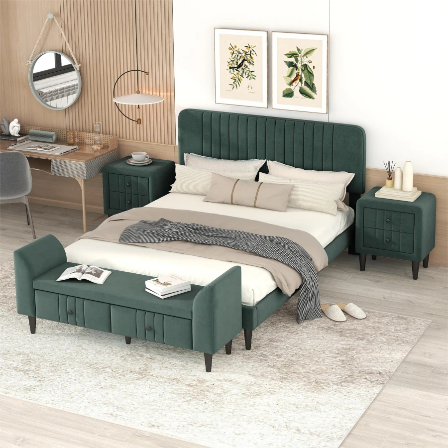 

4-Pieces Bedroom Sets Queen Size Upholstered Platform Bed with Two Nightstands and Storage Bench-Green4-Pieces Bedroom Sets Quee