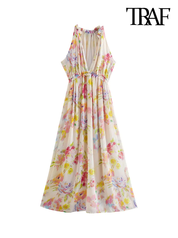 

Платье-миди с цветочным принтом и оборками, без рукавов