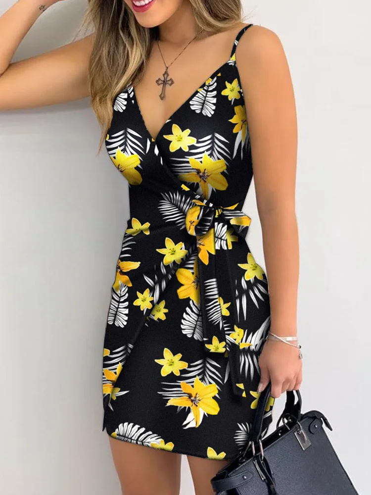 

Tropical Print Wrap Tie Side Cami Dress Women Spaghetti Strap Casual Summer Dress