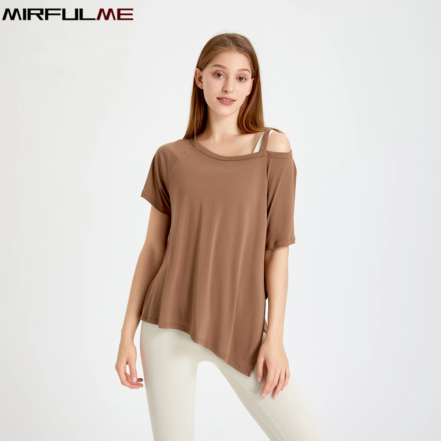 Women Loose Yoga Shirts Off Shoulder Sport Shirt Breathable Short Sleeve Running T-shirts Gym Fitness Tops Splited Blouse Female