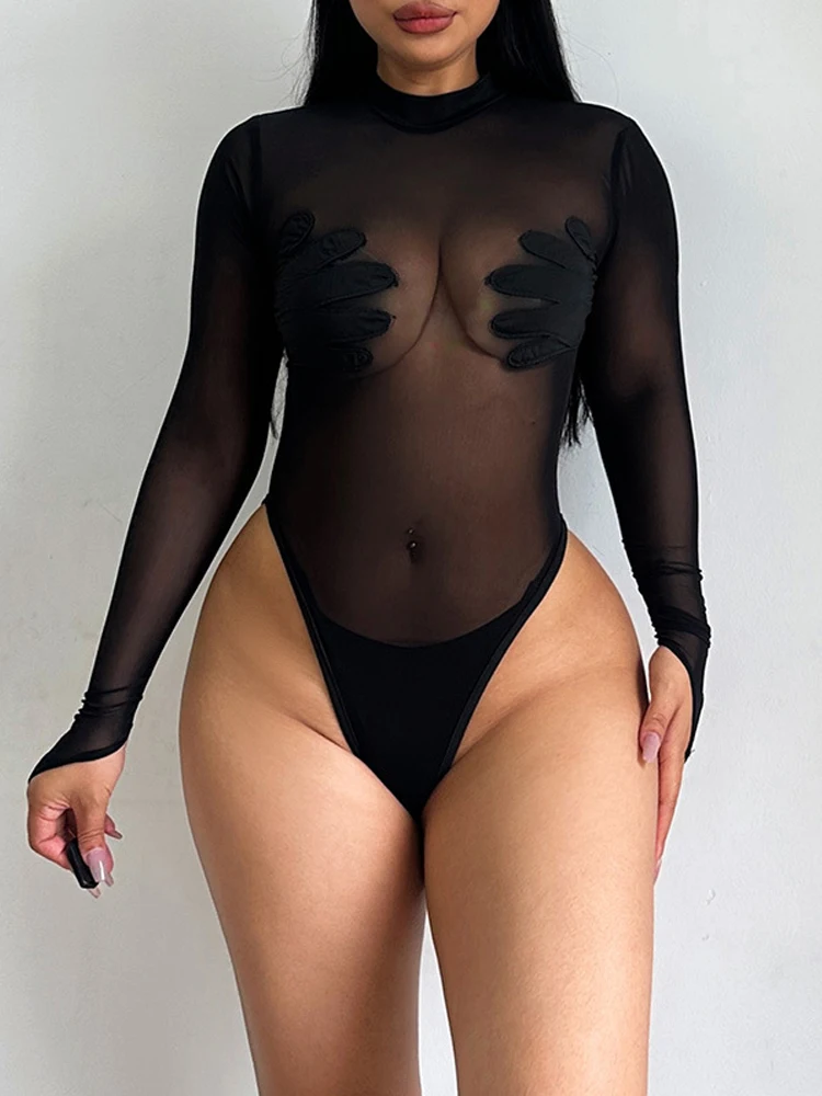 

Сексуальные черные сетчатые боди, Женские Прозрачные топы с длинным рукавом