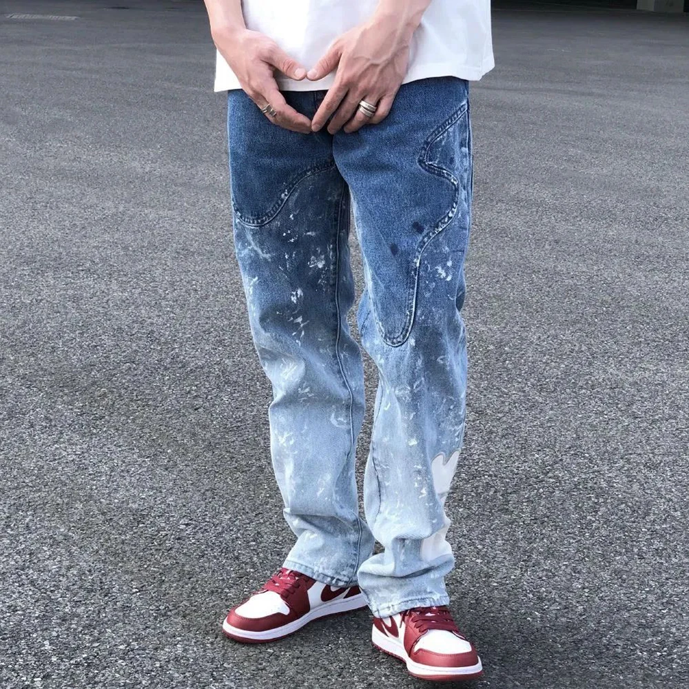 American Street Gradient Splashed Ink Graffiti Jeans Men's Tide Brand Straight Leg Loose Old Washed Retro Casual Pants Trousers