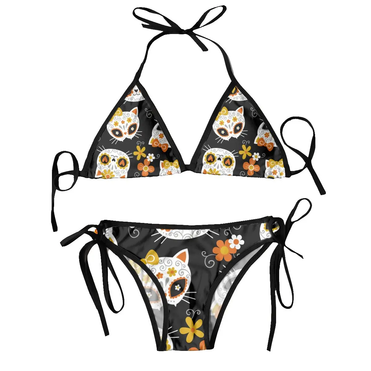 

Bikini Set Swimwear Women Swimsuit Sexy Push Up Swimming Bathing Suit Cat Sugar Skulls And Flowers Beachwear Summer Brazilian