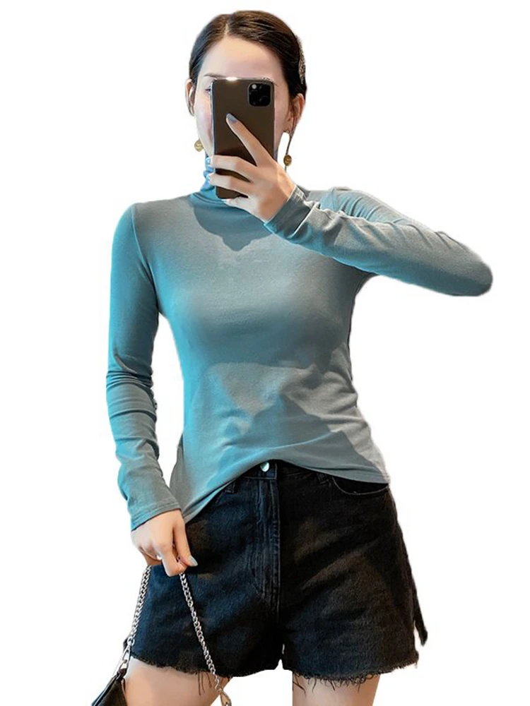 

Women Slim Shirt Turtleneck Elastic Tops Long Sleeve T-Shirt Female Autumn Tops and Tees Casual Black Warm T-shirts