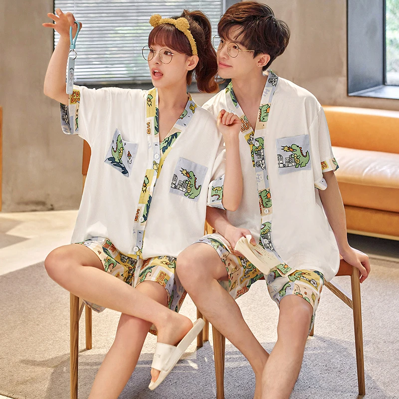Couple Summer Pajama Sets Women Men Cartoon Dinosaur Korean Loose V-Neck Pyjama Home Clothes Sleepwear Silk Adult Loungewear