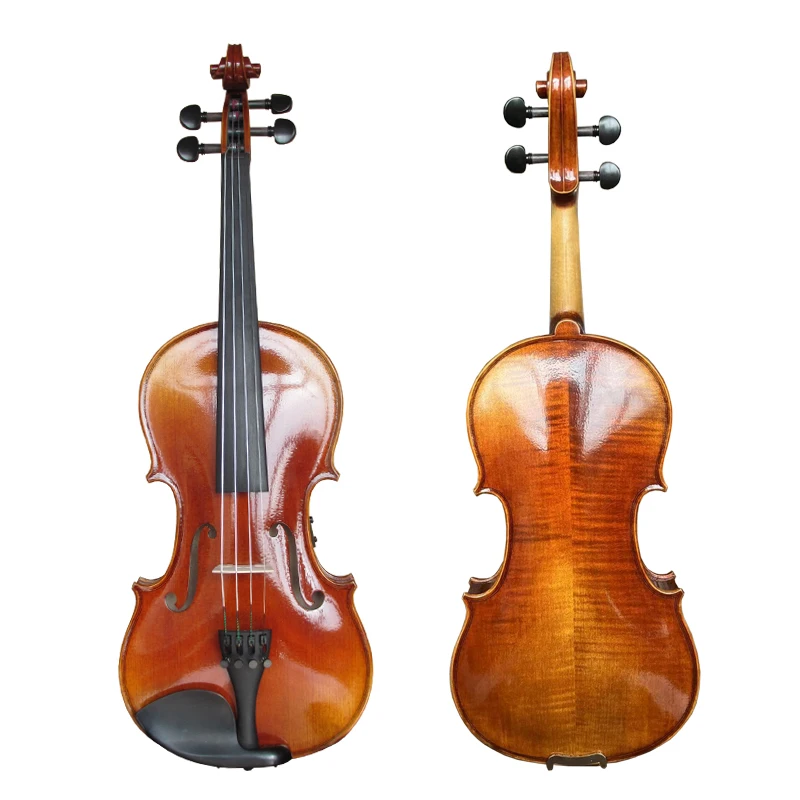 

Glossy red brown flame maple handed painted professional solid violin with ebony fittings and rectangle foam case set