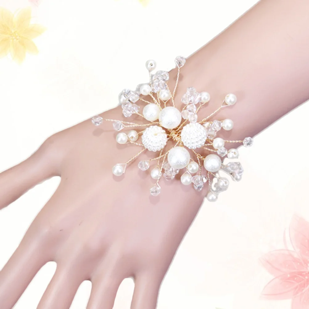 

Pearl Hand Flower Wedding Wrist Flowers Bridesmaids Prom Corsage Rhinestone Bracelets Crystal