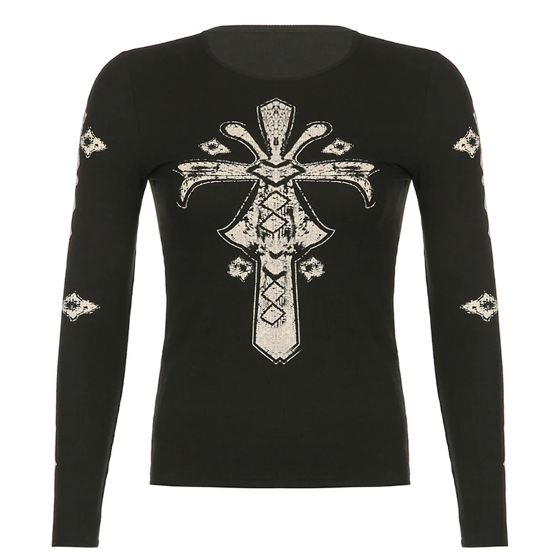 

Fashionable T Shirt Blouse Tops Cross Printed T Shirt Harajuku Crewneck T-shirt Academia Tops Casual Retro Tee Tops Gift блузка