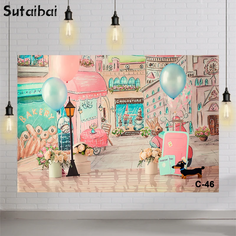 

Pink Balloons Watercolor City Shop Street Birthday Party Baby Portrait Photo Background Photography Backdrop Photo Studio