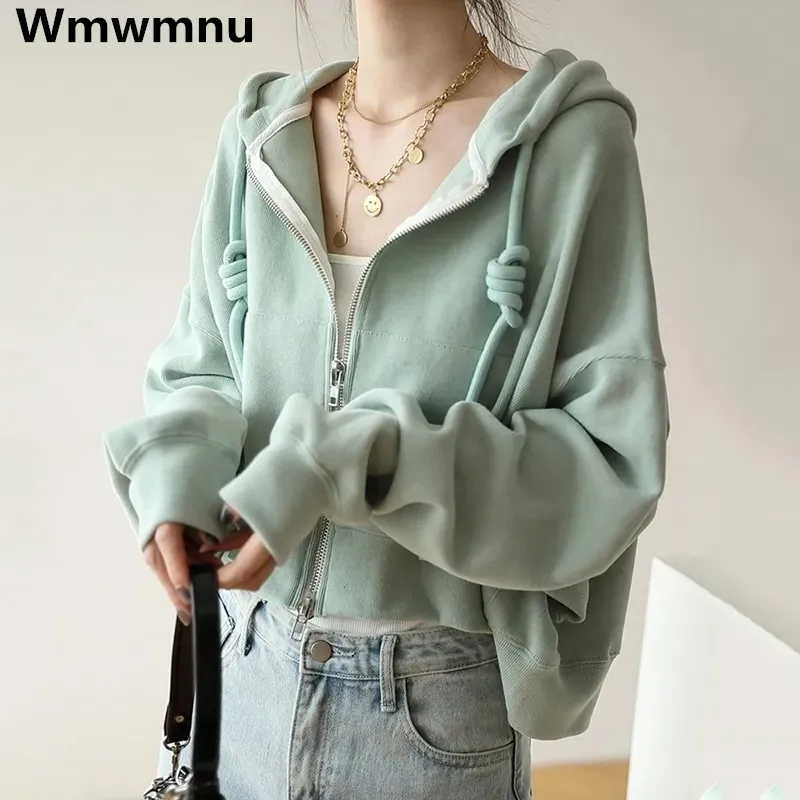 

Fashion Elegant Women Hooded Short Jacket New Korean Version Simple Solid Color Coat Loose Autumn Sweatshirt Trend Chaquetas