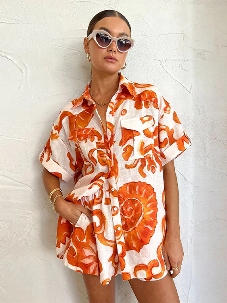 

Loose Short Sleeve Lapel Shirt Elastic Waist Lady Sets 2023 Summer Cotton Linen Shorts Set Women Print Beach Holiday Suit Casual