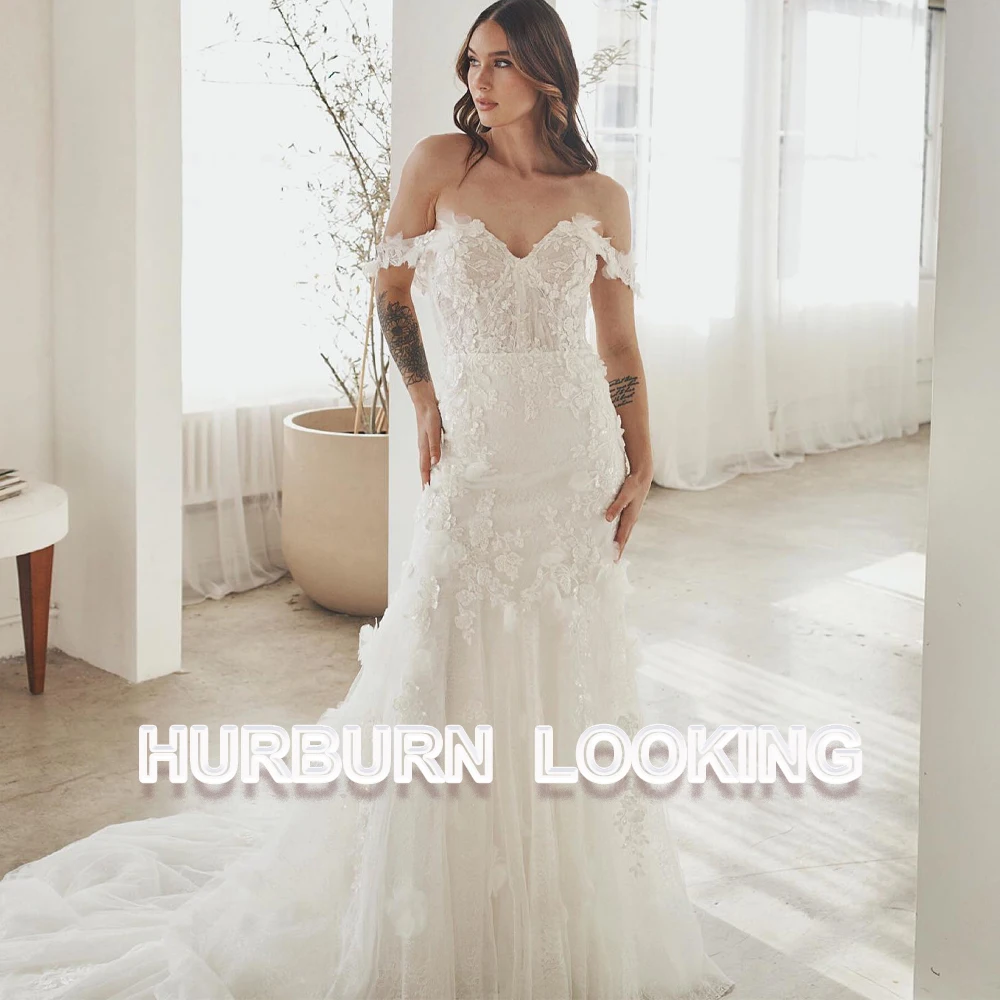 

Современные свадебные платья HERBURN с юбкой-годе 2024 с открытыми плечами сердечком 3D элегантные сексуальные с цветами халат для свадьбы Плюс