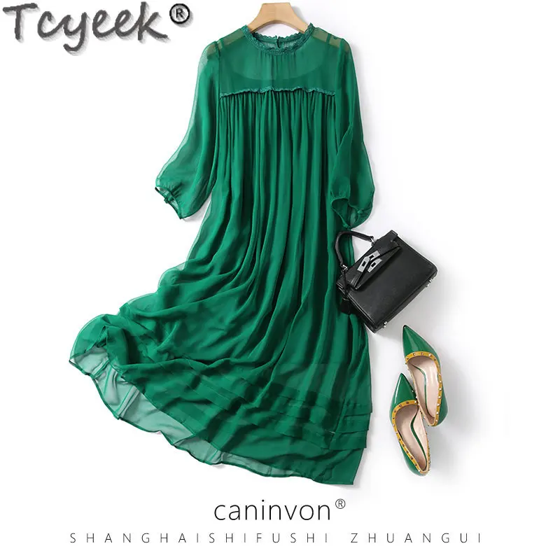 Tcyeek 100% Mulberry Real Silk Summer Dresses for Women Green Loose Straight Slim Dress Mid-Long Beach Swing Dress Vestidos Cjk
