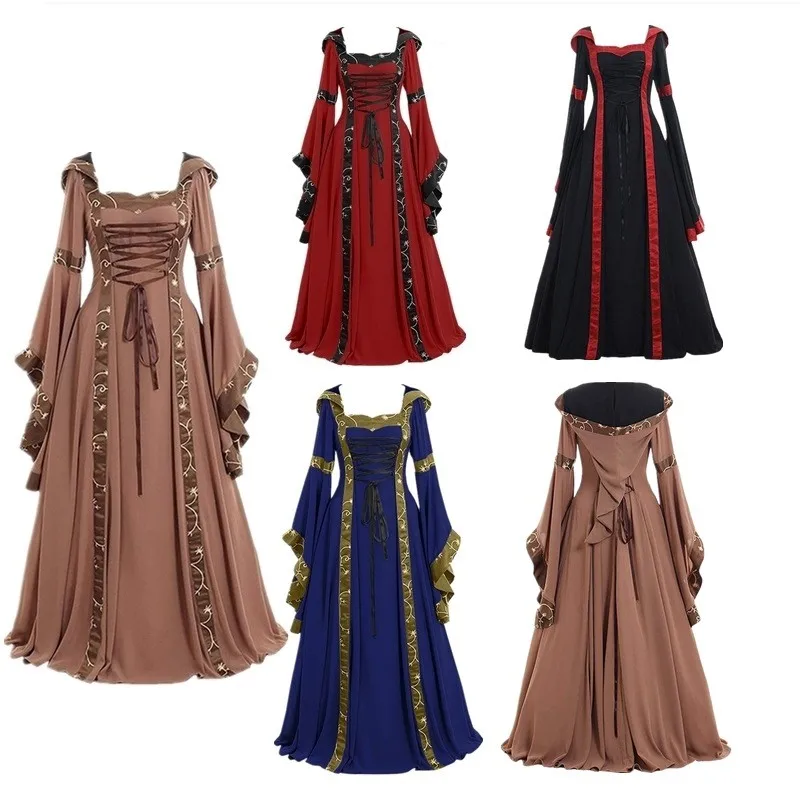 

Women Retro hooded dress Medieval Carnival Halloween Costumes Adult Cosplay Clothing Vintage Flared Sleeves Party Dresses S-5XL