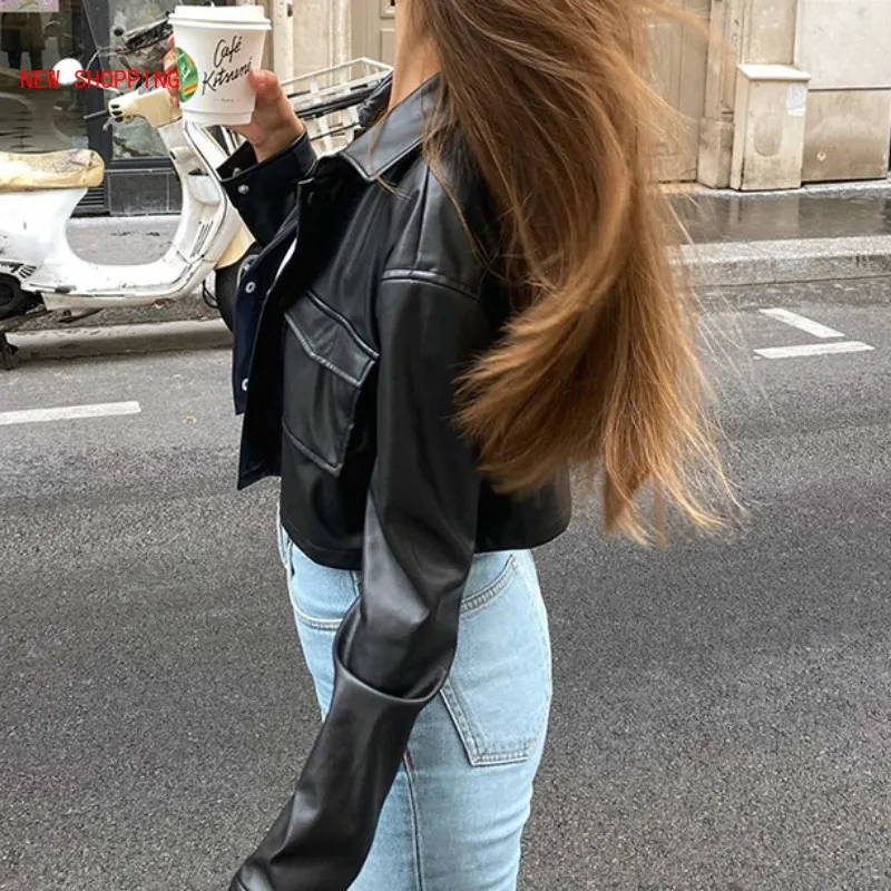 Fashion Leather Jacket Women Coat Long Sleeve Tops PU Cropped Jackets Coats Autumn Outerwear Vintage Black Pop Streetwear 2023