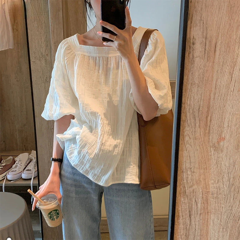 

Blouses Women Square Collar Elegant Solid Simple Vintage French Style Summer Loose Students Leisure Trendy Cute Ladies Ulzzang