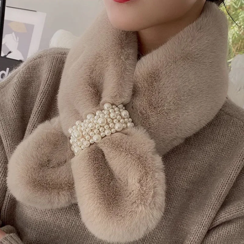 Женский мягкий шарф из искусственного меха с жемчугом