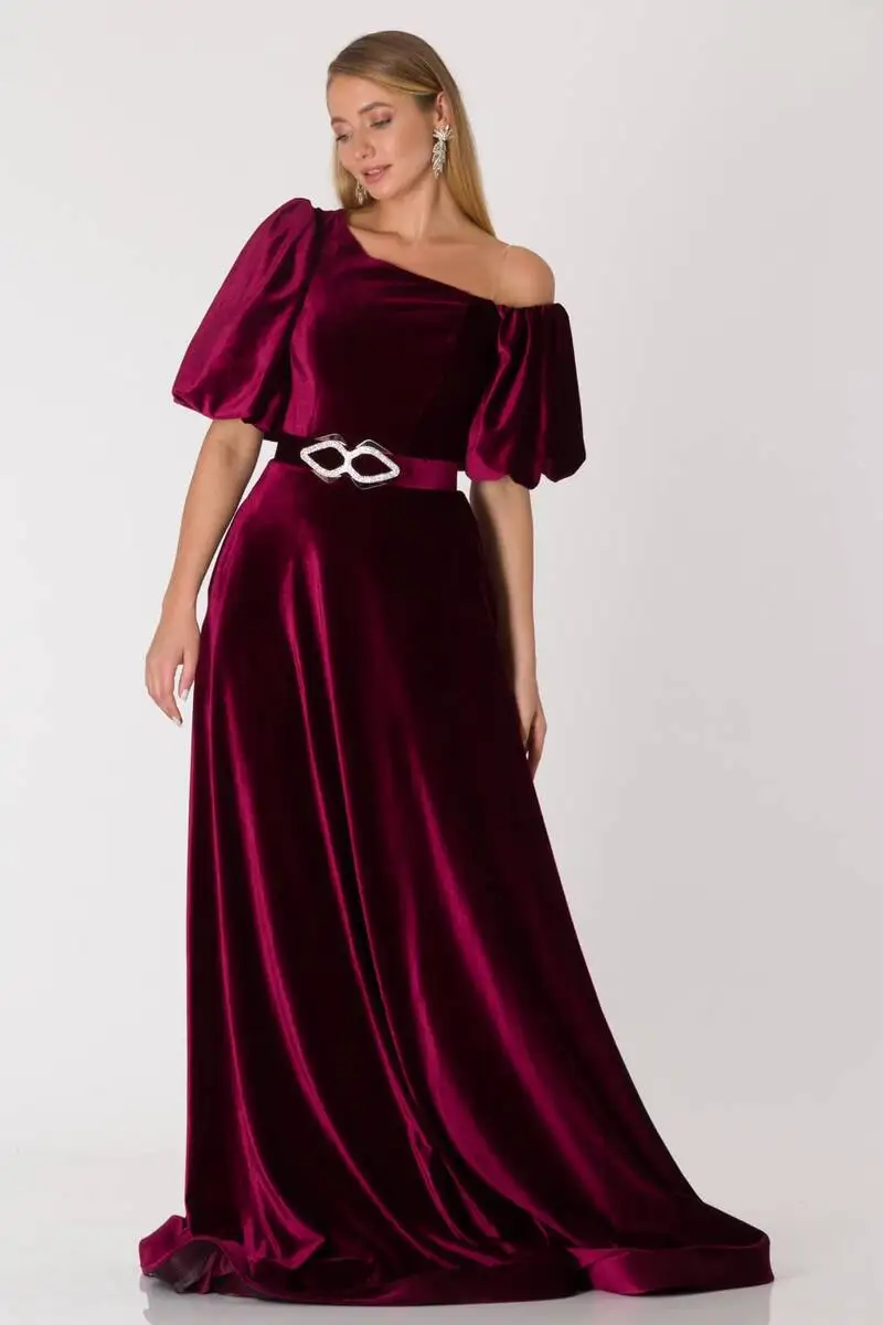 

Balloon Sleeve Velvet Evening Dress Burgundy