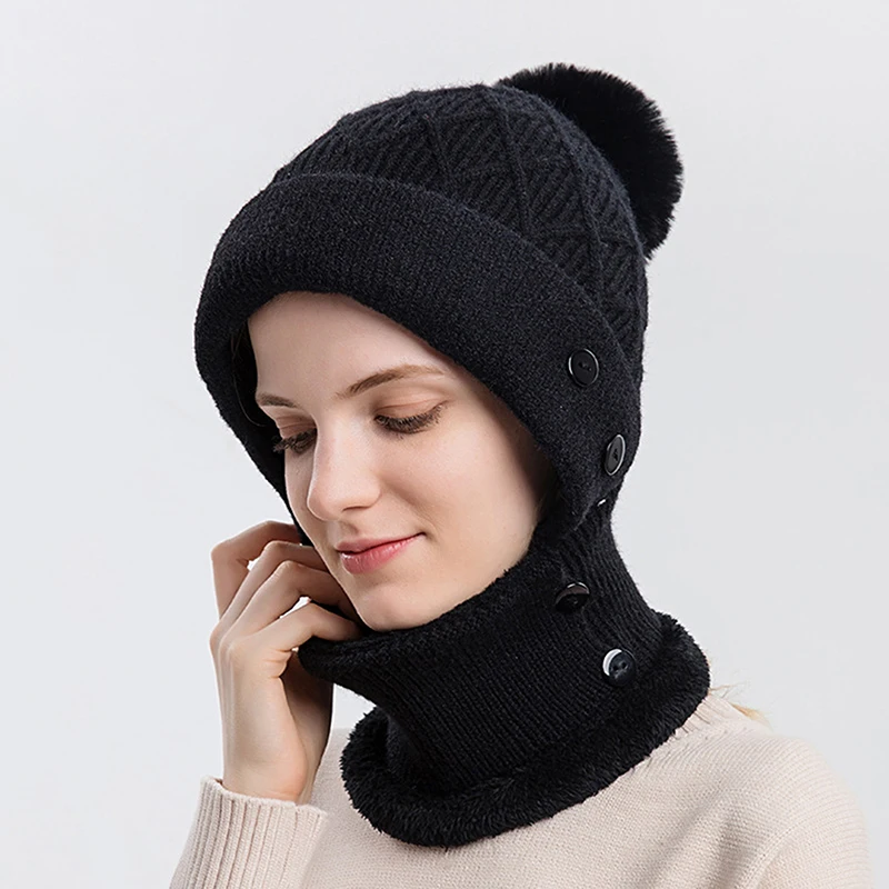 

Autumn And Winter Hat Scarf Integrated Women's Warm Knitted Hat Cycling Plush Pullover Hat Windproof Ear Protection Wool