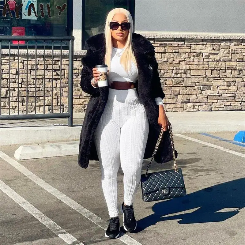 

Akaily осенне-зимний черный комплект из 2 предметов, спортивный костюм женский, 2021 Белый Топ с длинным рукавом и длинные брюки