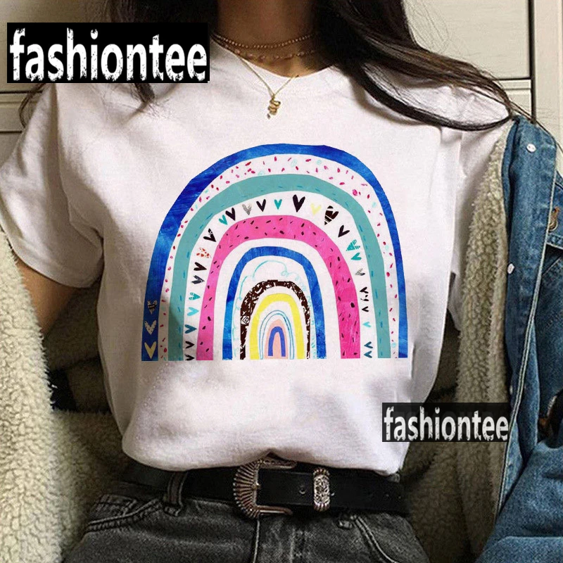 

Rainbow Graphic Printed Female White Tshirts Unisex Harajuku Casual Tops Tee Summer New Fashion Short Sleeve Women T-shirt