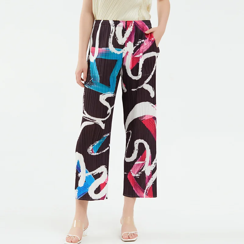 High waist vertical straight pants new women's printed casual trousers graffiti loose pants women's summer