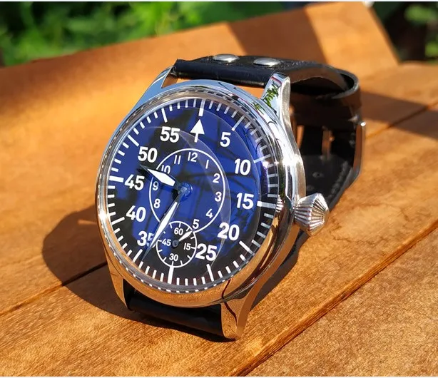 

44 мм без логотипа черный циферблат с синим стеклом Азиатский 6498 механический механизм мужские часы светящиеся механические часы-пилот