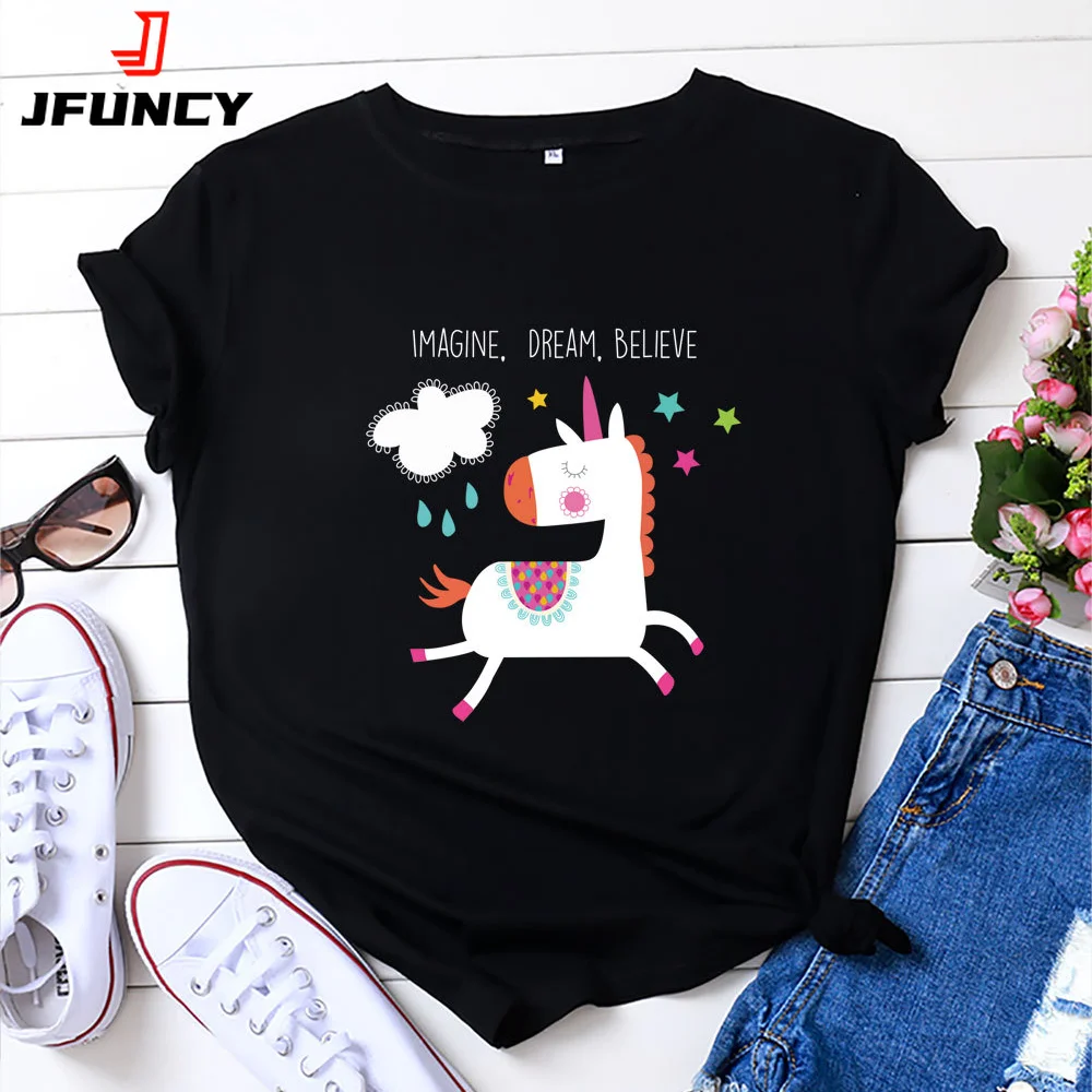 JFUNCY Women Summer Tops 100% Cotton Oversize Short Sleeve T-shirts Female Casual Tshirt Cartoon Cute Unicorn Print Lady Tees