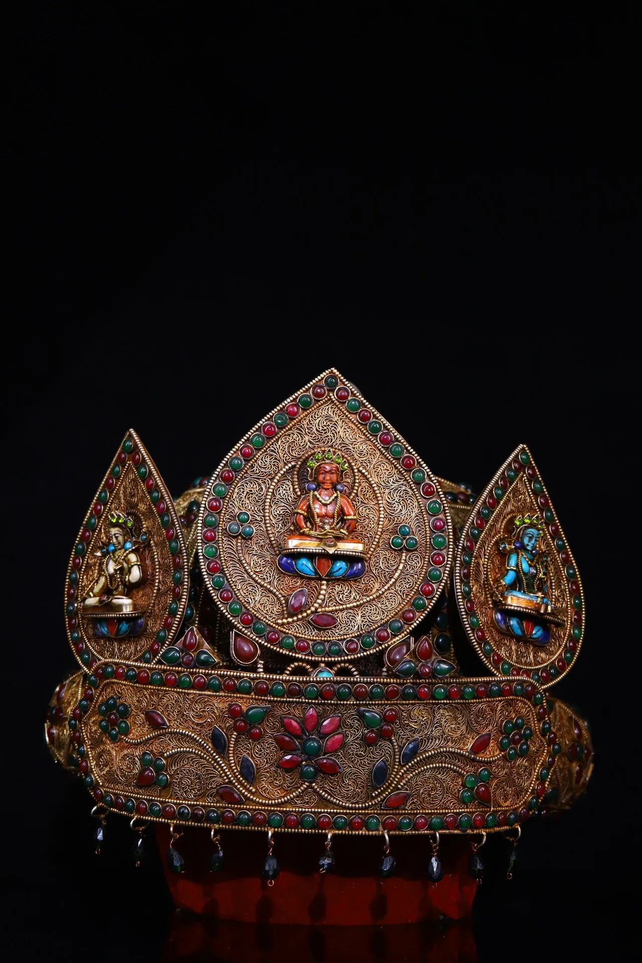 

10"Tibetan Temple Collection Old Tibetan silver mosaic Gem Turquoise Longevity Buddha Guanyin Crown Amulet Dharma Exorcism