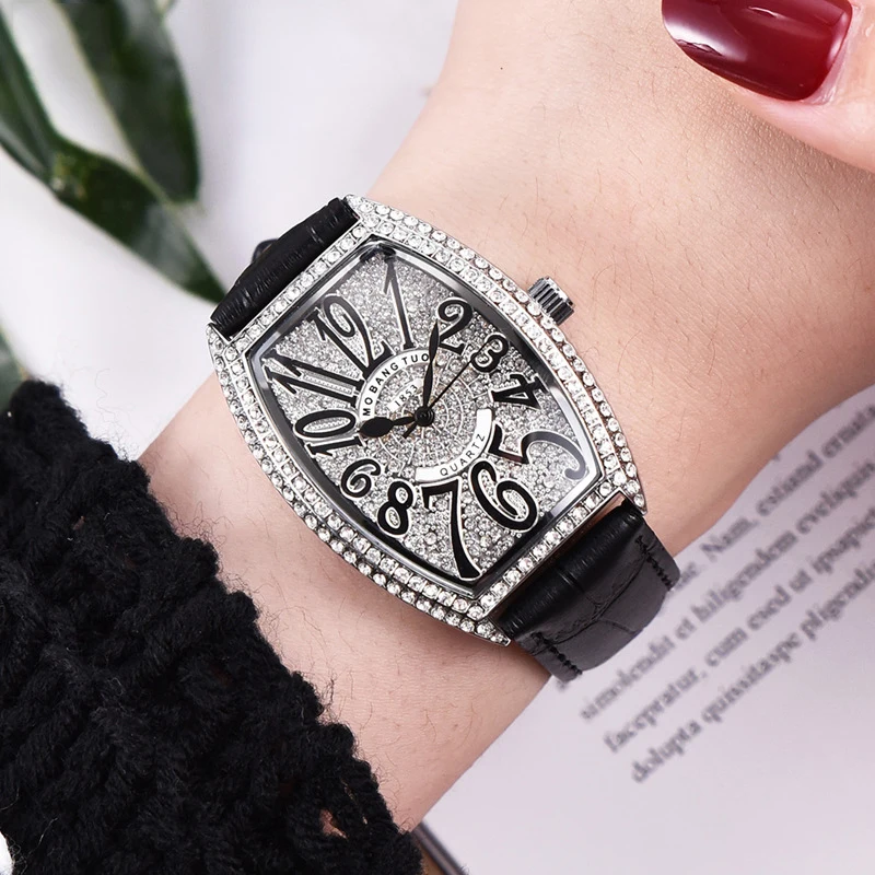 

Women Diamond Watch Tonneau Shaped Dial Iced Out Case Clock Female Wristwatch Rhinestone Inlay Elegant Genuine Leather Reloj