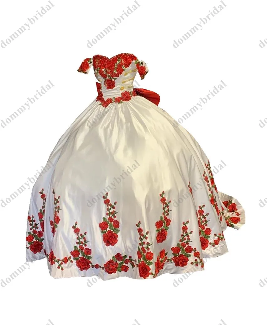 

Popular Red and White Ball Gown Off the shoulder Satin Princeses Quinceanera Dreses Mexcian charro Sweet 15 16 Party Dress Chea