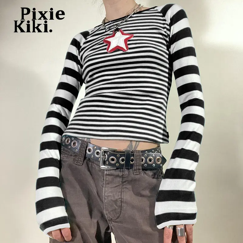 Футболка женская полосатая с вышивкой в виде звезд Y2k |