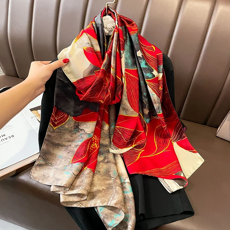 

Шаль женская шифоновая с принтом лотоса, мягкий длинный пляжный дорожный шейный платок, шифоновый шарф, защита от солнца, весна-лето