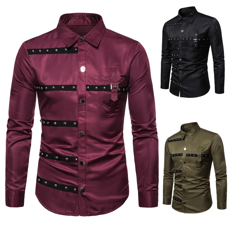 

New European version of men's stud long-sleeved shirt performance dress men's slim British European size shirt
