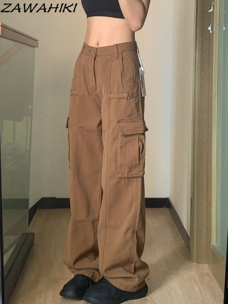 

Винтажные коричневые мешковатые брюки-карго 90-х годов, женские уличные брюки с большими карманами и низкой талией, женские свободные спортивные брюки Y2K с широкими штанинами