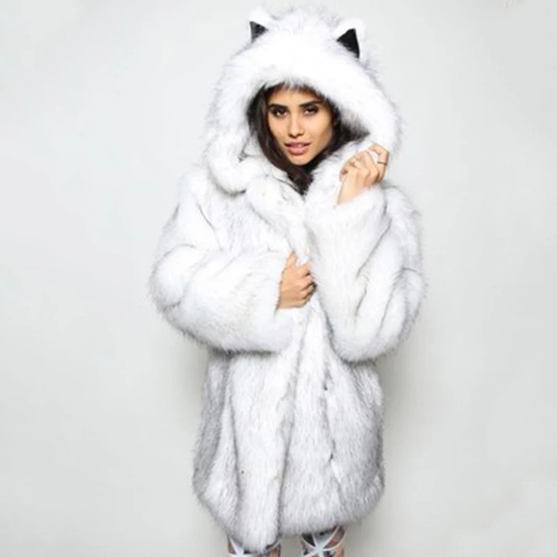 Faux fur padded hooded women's coat solid color fox fur long-sleeved cartoon ear warm women's hoodie winter/autumn women's coat