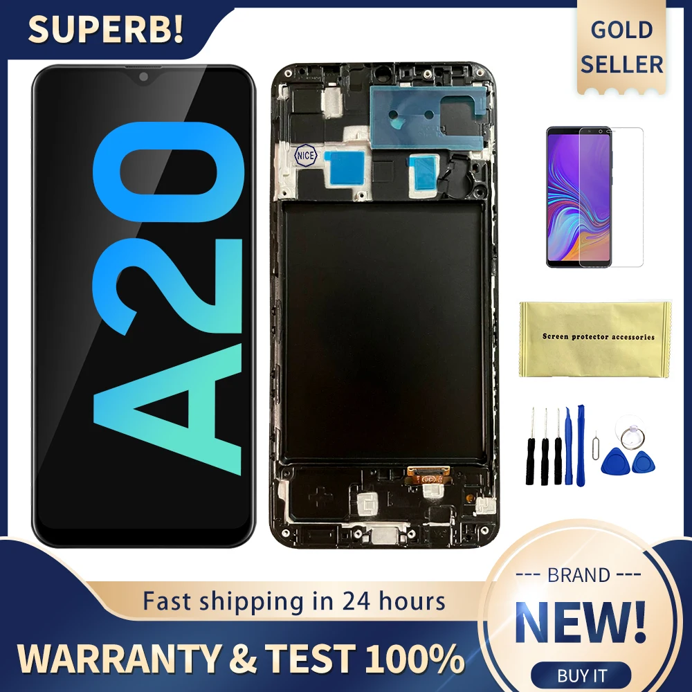 Фото Super AMOLED для Samsung A20 A205 ЖК-дисплей с дигитайзером сенсорного экрана для Galaxy SM-A205F A205G A205U Замена дисплея в сборе №1