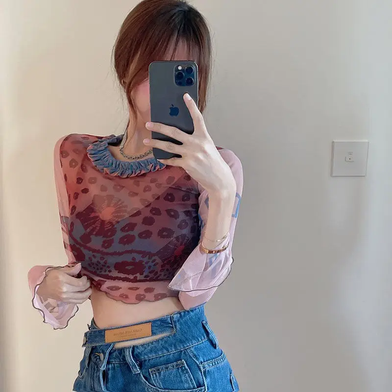 

Deeptown Y2k Vintage Graphic Print Transparent Crop Tees Korean Fashion Ruched Patchwork Long Sleeve Tops Coquette Slim T-shirts