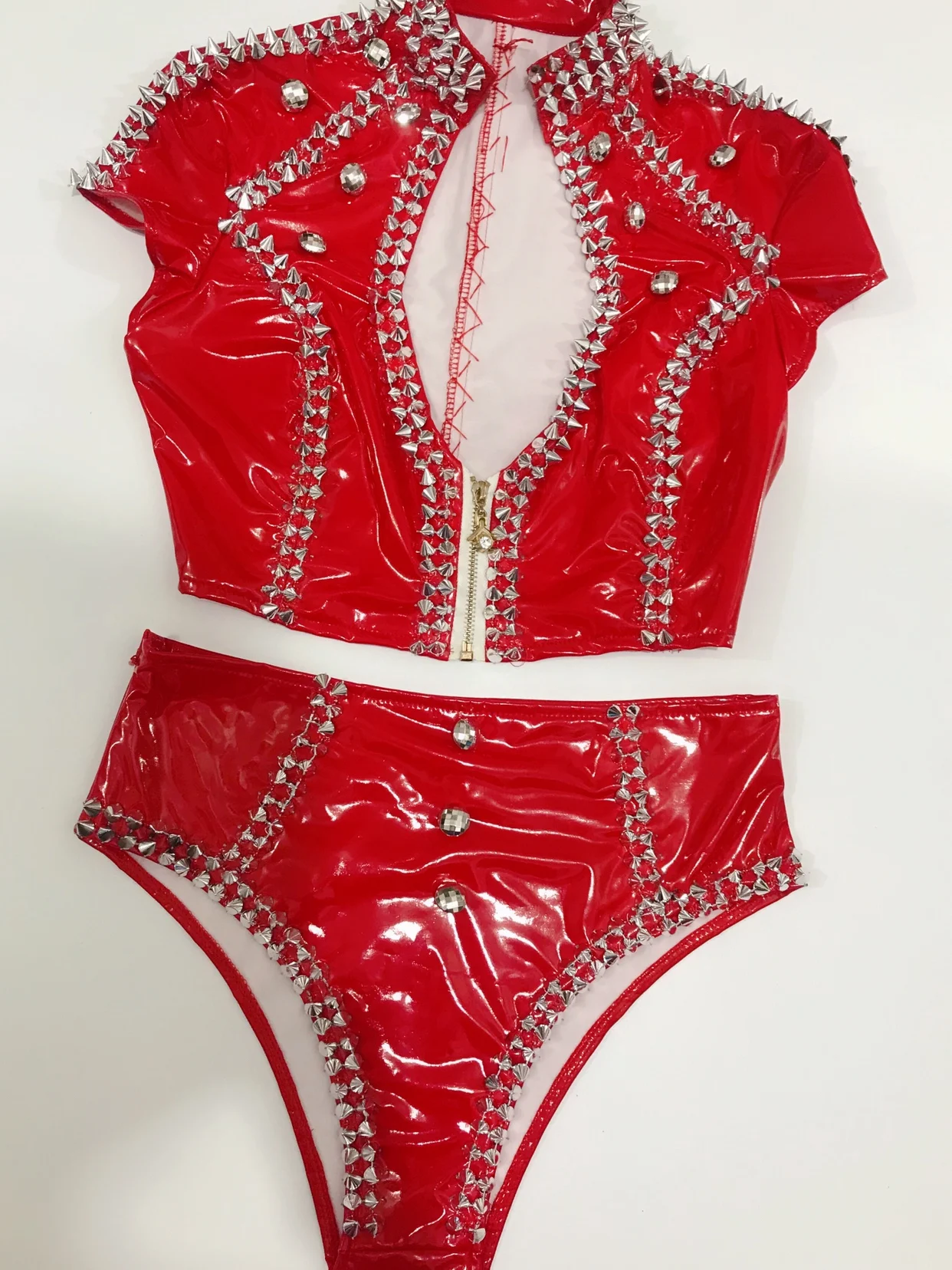 Красный Серебристый Кожаный Топы Шорты Ночной Клуб Наряд Бар Женщины DJ Певица