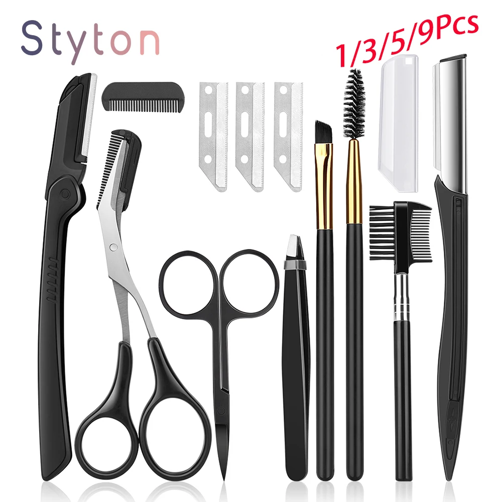 

Styton 1/3/5/9 Pcs Eyebrow Trimmer Eyebrow Razor Kit Eyebrow Scissors Comb Razor For Face Tweezers Eyelash Brush Makeup Tools
