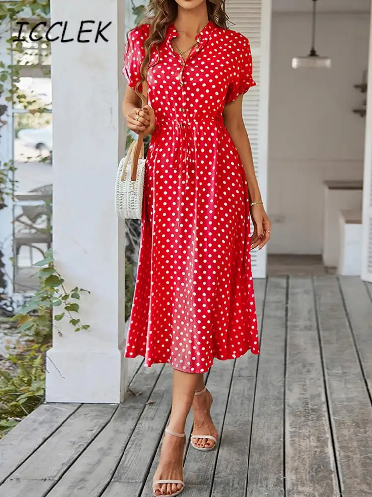 

Icclek 2022 богемное платье для женщин свободное праздничное длинное платье в горошек элегантное платье-рубашка вечерние платья летнее пляжное ...