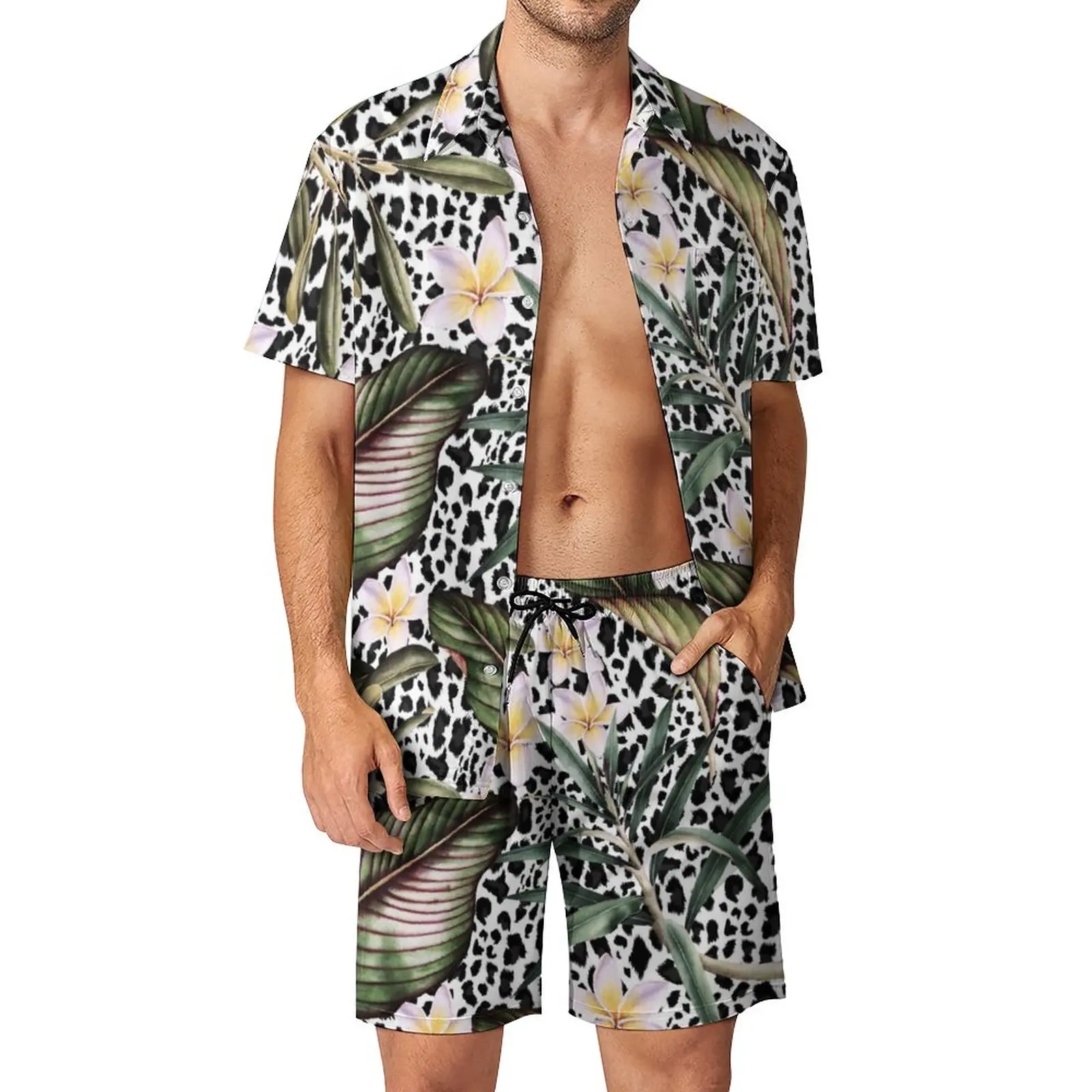 

Palm Leaves Men Sets Black Leopard Floral Print Casual Shirt Set Vintage Vacation Shorts Summer Graphic Suit 2 Piece Clothing