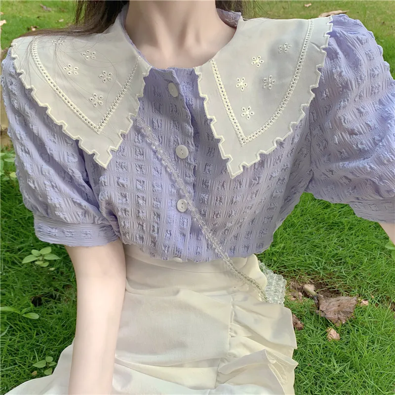 

Summer Women's Tops 2022 New Taro Purple Fresh Sweet Retro Puff Sleeves Contrast Color Buttons Up Blouse Cute Doll Collar Shirt