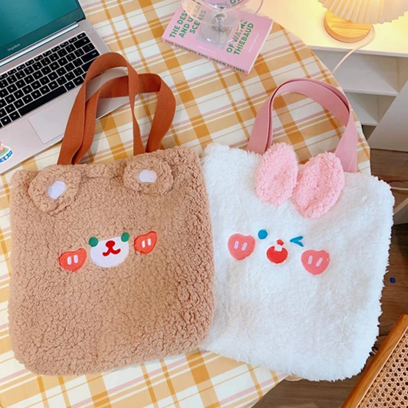 Cute Cartoon Fluffy Women's Girls Portable Plush Female Handbag Winter Shoulder Clutches Cute  Animal Street Travel School Bags