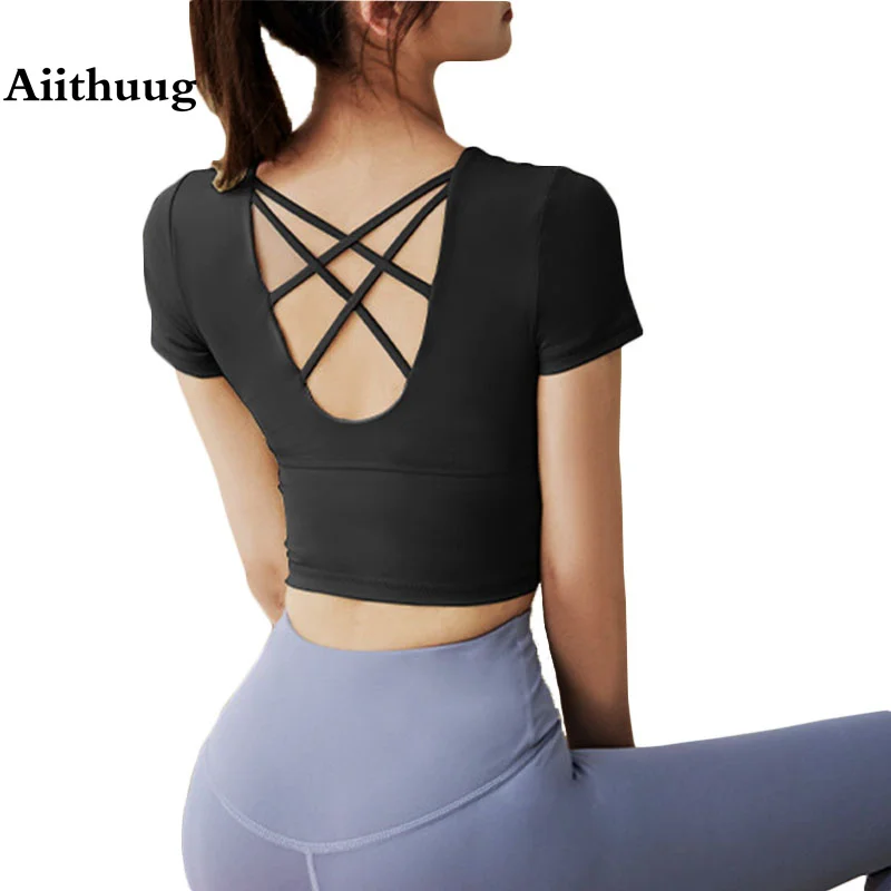 

Aiithuug Yoga Short Sleeve with Build-in Cup Yoga Crop Tops Gym Crops Pilates Workout Top Fitness Active Wear Crisscross Back
