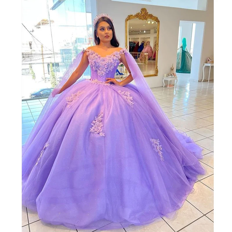 

Lavender Off The Shoulder Corset Ball Gown Quinceanera Dresses With Cape Beaded 3DFlower Prom Birthday Gowns Princess Sweet 16