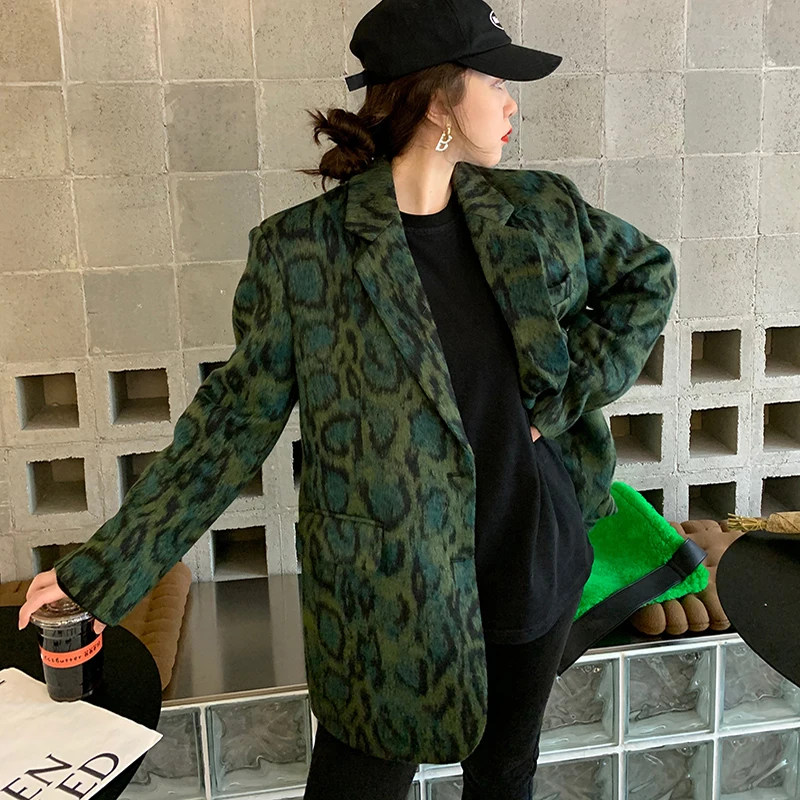 

Женский леопардовый Блейзер, модный однобортный Длинный блейзер свободного покроя с рукавами и карманами, элегантный зеленый Блейзер, Нови...